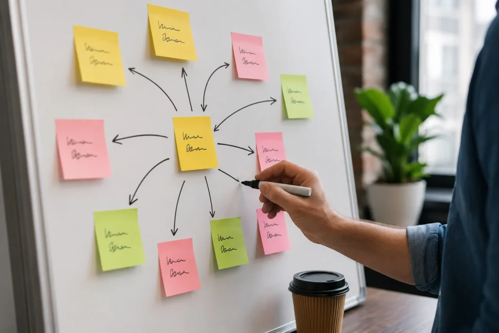 Keyword research ideas organized on a whiteboard