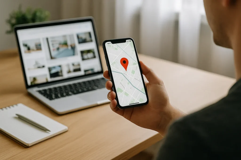Marketer using smartphone map for local campaign strategy.