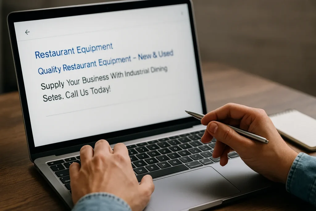 Marketer writing online ad copy on laptop at desk.