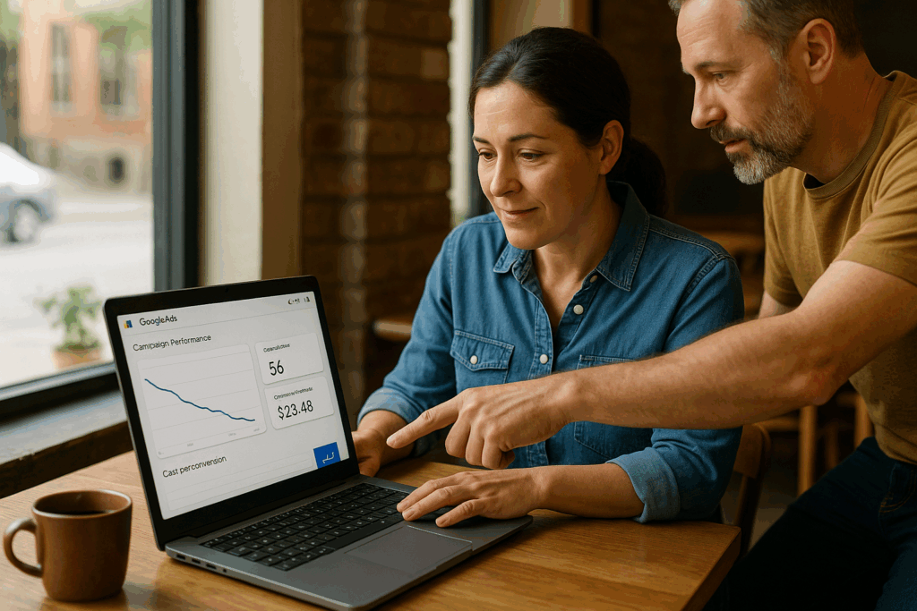 Small business owners reviewing Google Ads results.
