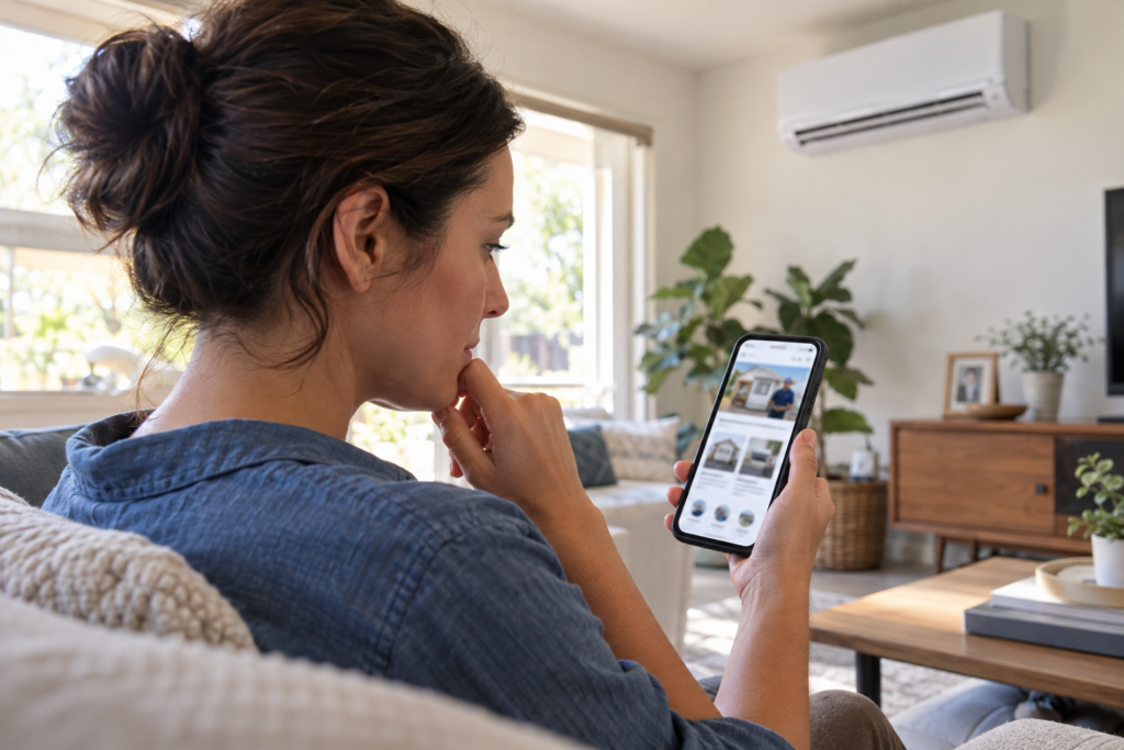 Homeowner searches an AC repair website on phone