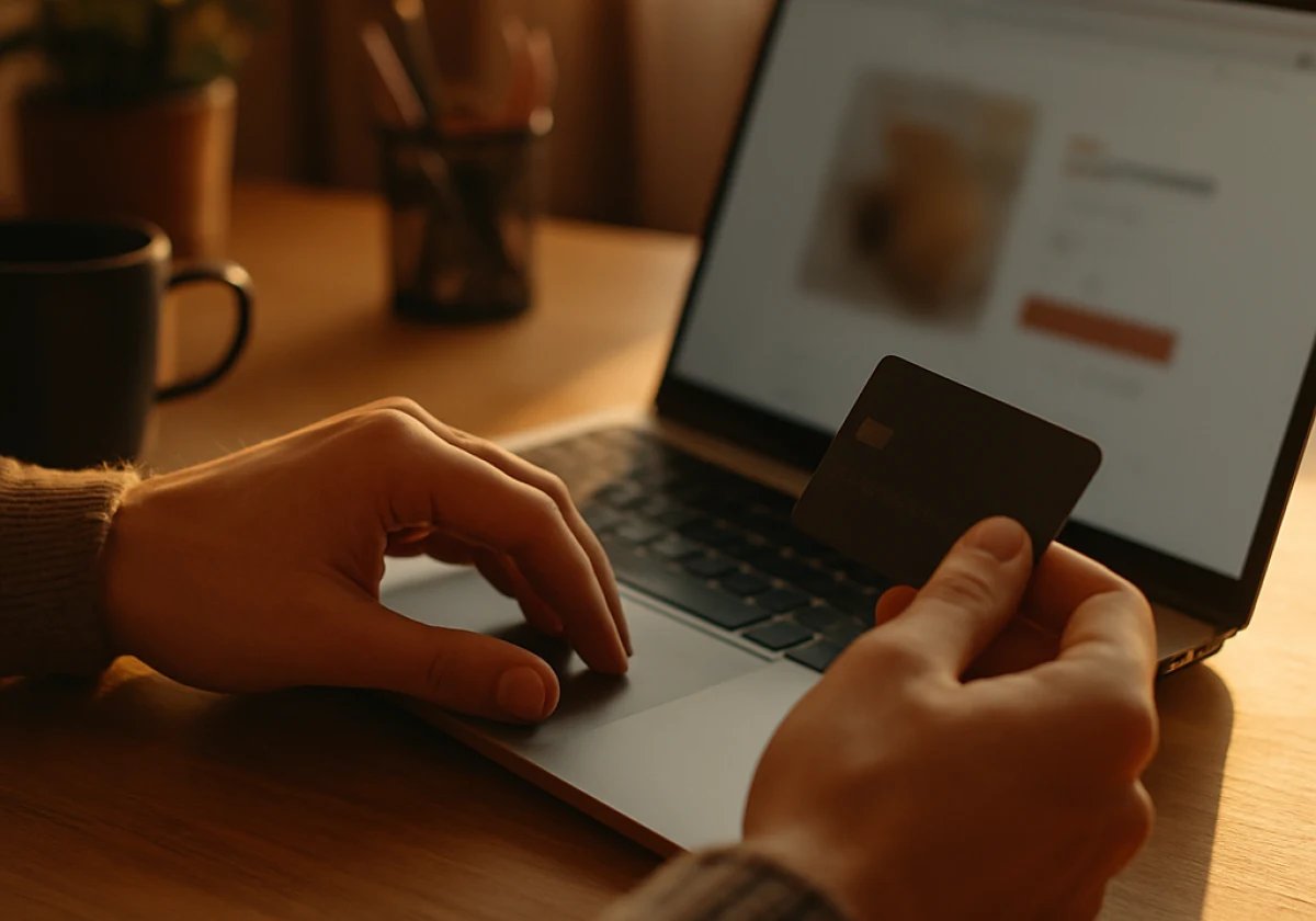 A person's hands positioned over a laptop trackpad in a home office