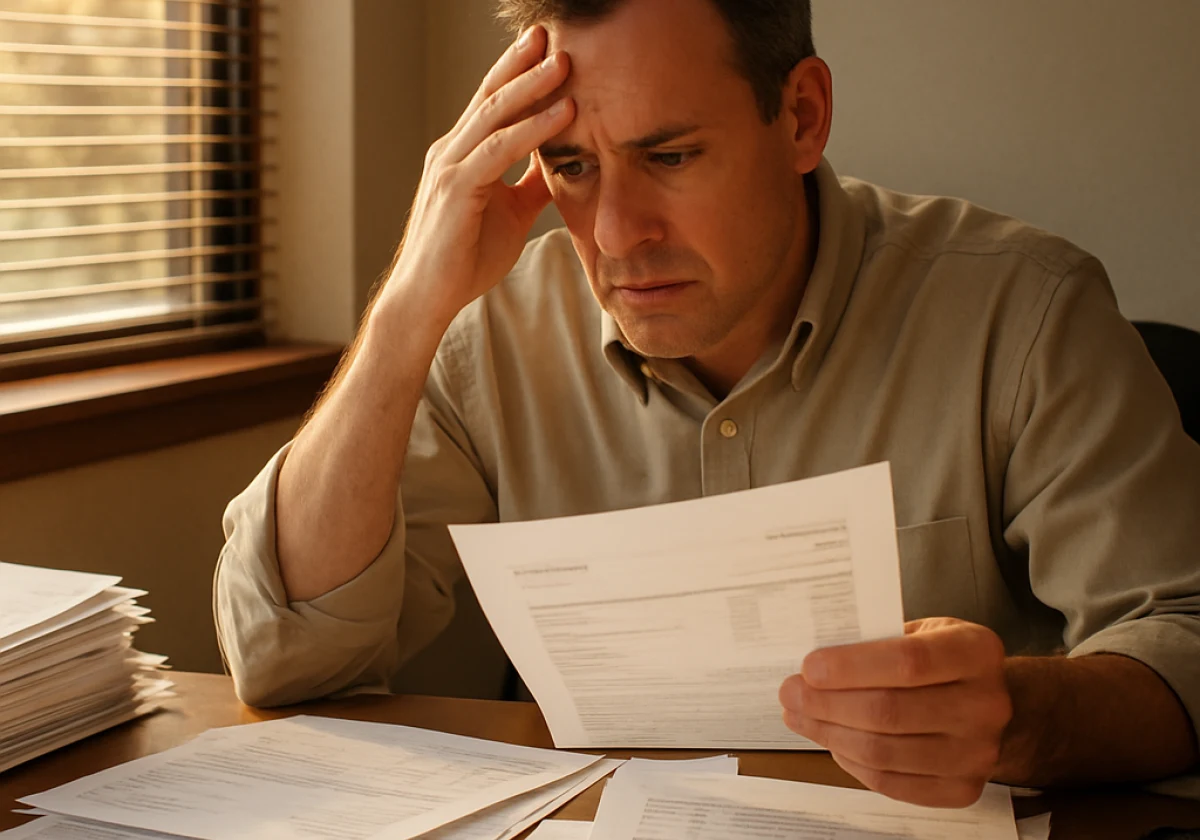 Business owner at a desk reviewing stacks of invoices and financial