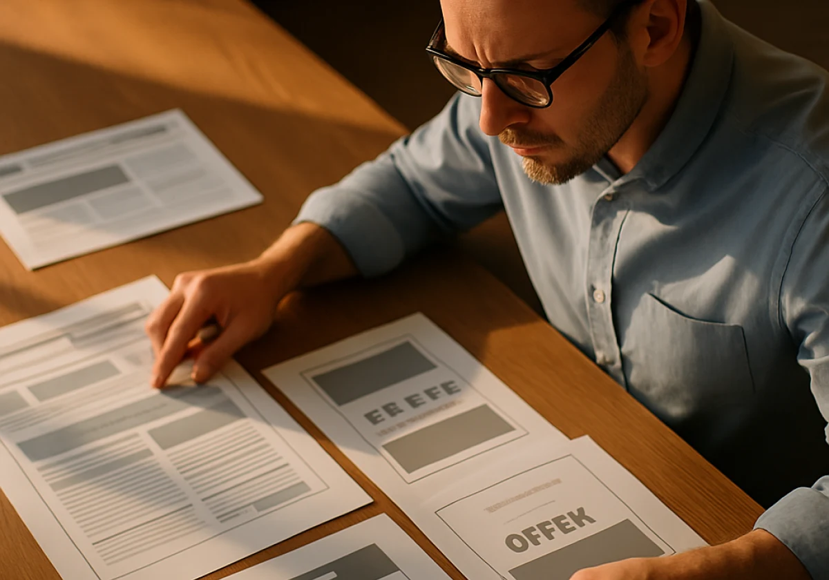 Marketer carefully comparing printed webpage layouts
